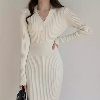Женская трикотажная осенне-зимняя одежда, женское платье-свитер с v-образным вырезом, корейское модное новое уличное платье, топ с длинными рукавами, женское платье