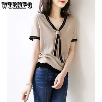 Женская трикотажная рубашка Ice Silk с V-образным вырезом и короткими рукавами, летняя свободная футболка-топ S