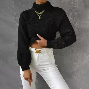 Женская трикотажная рубашка с длинным рукавом, пуловер, плюшевый свитер с высоким воротом, однотонный вязаный осенний свитер M