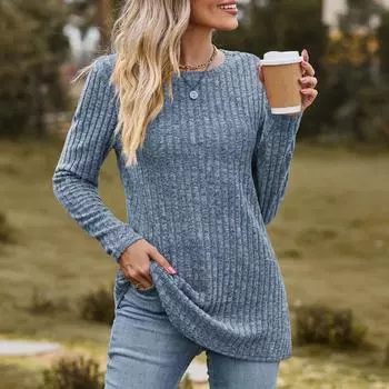 Женская трикотажная рубашка с круглым вырезом, пуловеры, рубашка с длинным рукавом для осени и зимы S красный