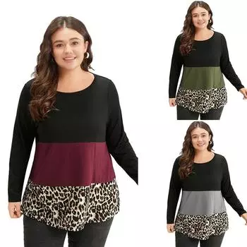 Женская трикотажная рубашка в стиле пэчворк с длинным рукавом и круглым вырезом больших размеров S