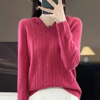 Женская трикотажная толстовка с капюшоном из 100% шерсти, свитер MODERN NEW SAGA, зимний вязаный пуловер, толстовка, мягкие теплые шерстяные свитера, джемпер, вязаный топ M бежевый