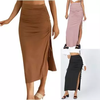 Женская трикотажная тонкая модная плиссированная сексуальная длинная юбка на шнуровке с разрезом L чёрный