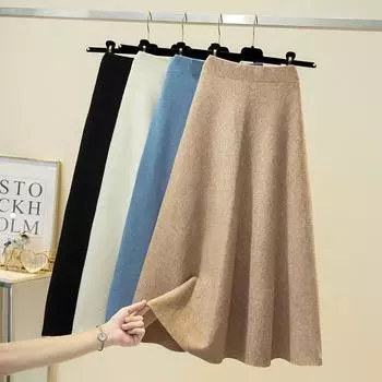 Женская трикотажная юбка А-силуэта со складками — осень/зима 2024 г., высокая талия, длина от средней до длинной, утолщенная, фасон «качающийся зонтик». One size