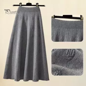 Женская трикотажная юбка, эластичная, с высокой талией, юбка-трапеция, миди, однотонная, жаккардовая текстура, осень-зима, юбка с широким подолом хаки