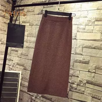 Женская трикотажная юбка с высокой талией и разрезом сзади, однотонная юбка миди, мягкая дышащая утолщенная теплая юбка с запахом на бедрах вино красного