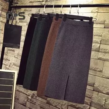 Женская трикотажная юбка с высокой талией и разрезом сзади, однотонная юбка миди, мягкая дышащая утолщенная теплая юбка с запахом на бедрах хаки