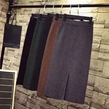 Женская трикотажная юбка с высокой талией и разрезом сзади, однотонная юбка миди, мягкая дышащая утолщенная теплая юбка с запахом на бедрах хаки