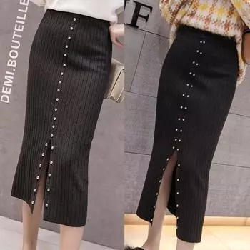 Женская трикотажная юбка с высокой талией и разрезом спереди, юбка-карандаш длиной до колена, весна-осень, офисные юбки для женщин S