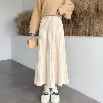 Женская трикотажная юбка с высокой талией, однотонная юбка А-силуэта, свободная плиссированная юбка хаки