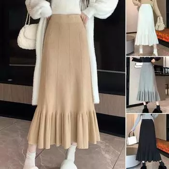 Женская трикотажная юбка с высокой талией, однотонная плиссированная юбка, оборка, подол, завернутый в бедра, юбка чёрный