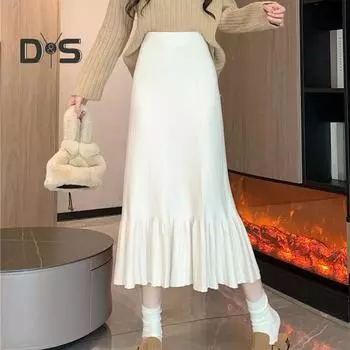 Женская трикотажная юбка с высокой талией, однотонная плиссированная юбка с оборками и швами по низу, юбка с запахом на бедрах, осенне-зимняя юбка миди чёрный