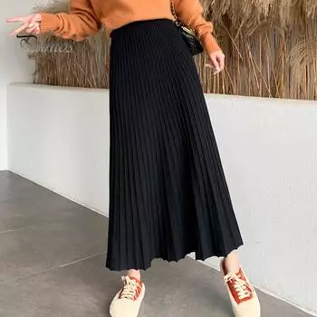 Женская трикотажная юбка с высокой талией, однотонная юбка А-силуэта, свободная плиссированная юбка, длинная юбка на осень-зиму абрикосовый