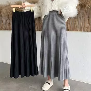 Женская трикотажная юбка с высокой талией, однотонная юбка А-силуэта, свободная плиссированная юбка, длинная юбка на осень-зиму серый