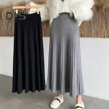Женская трикотажная юбка с высокой талией, однотонная юбка А-силуэта, свободная плиссированная юбка, длинная юбка на осень-зиму хаки