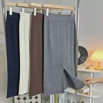 Женская трикотажная юбка средней длины с высокой талией - весна и осень, разрез, утолщенная, утягивающая, шерсть, с запахом на бедрах One size слоновая кость
