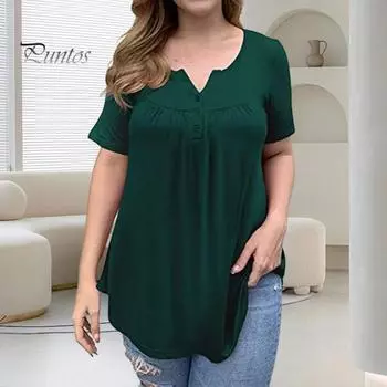 Женская туника больших размеров, летняя рубашка с коротким рукавом и V-образным вырезом на пуговицах, повседневная свободная струящаяся блузка для пляжа, офиса, вечеринки, повседневная одежда XL небесно-голубой
