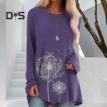 Женская туника больших размеров с принтом одуванчика, удлиненная рубашка с круглым вырезом и длинными рукавами, футболка-пуловер свободного кроя для работы, повседневной жизни M синий