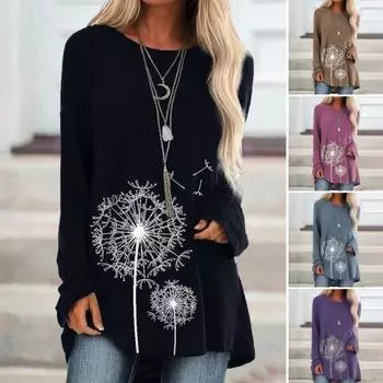 Женская туника больших размеров с принтом одуванчика, удлиненная рубашка с круглым вырезом и длинными рукавами, футболка-пуловер свободного кроя для работы, повседневной жизни M коричневый
