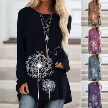 Женская туника больших размеров с принтом одуванчика, удлиненная рубашка с круглым вырезом и длинными рукавами, футболка-пуловер свободного кроя для работы, повседневной жизни S серый