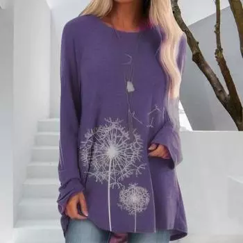 Женская туника больших размеров с принтом одуванчика, удлиненная рубашка с круглым вырезом и длинными рукавами, футболка-пуловер свободного кроя для работы, повседневной жизни S коричневый