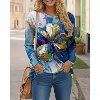 Женская туника повседневная мода повседневная с длинным рукавом синяя весна осень S