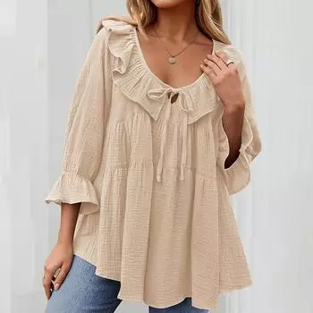 Женская туника-рубашка с круглым вырезом, завязками спереди, складками, декорированная, многослойная, свободная, с рукавами-семью точками L бежевый