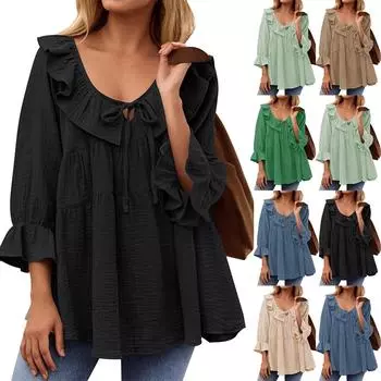 Женская туника-рубашка с круглым вырезом, завязками спереди, складками, декорированная, многослойная, свободная, с рукавами-семью точками XL