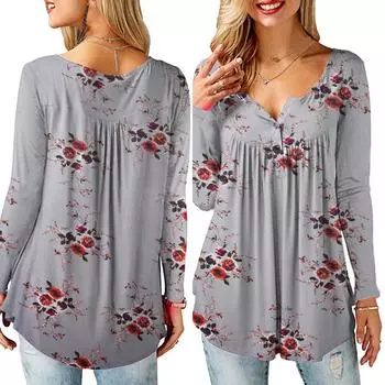 Женская туника с цветочным принтом и v-образным вырезом, топы, футболка с длинными рукавами, пуловер, свободная повседневная блузка
