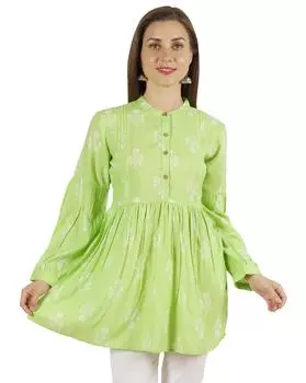 Женская туника с длинным рукавом с принтом Moomaya, длинный вырез с воротником-стойкой и расклешенным принтом 3XL светло-зеленый