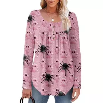 Женская туника с длинным рукавом, свободные топы, повседневные топы оверсайз, плиссированная туника, застегивающаяся на пуговицы, повседневные женские топы с принтом S