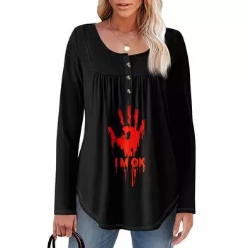 Женская туника с длинным рукавом, свободные топы, повседневные топы оверсайз, плиссированная туника, застегивающаяся на пуговицы, повседневные женские топы с принтом L чёрный