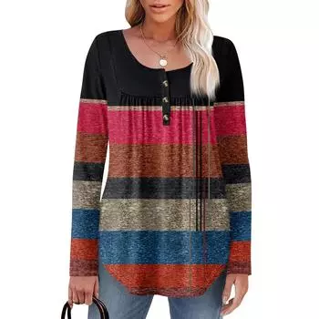 Женская туника с длинным рукавом, свободные топы, повседневные топы оверсайз, плиссированная туника, застегивающаяся на пуговицы, повседневные женские топы с принтом XXL