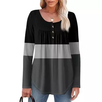 Женская туника с длинным рукавом, свободные топы, повседневные топы оверсайз, плиссированная туника, застегивающаяся на пуговицы, повседневные женские топы с принтом S чёрный