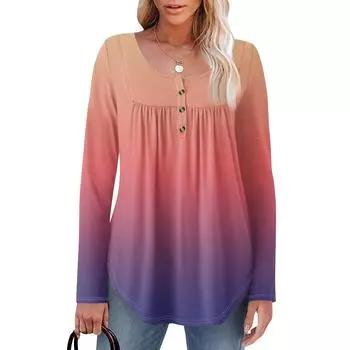 Женская туника с длинным рукавом, свободные топы, повседневные топы оверсайз, плиссированная туника, застегивающаяся на пуговицы, повседневные женские топы с принтом S