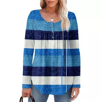 Женская туника с длинным рукавом, свободные топы, повседневные топы оверсайз, плиссированная туника, застегивающаяся на пуговицы, повседневные женские топы с принтом L синий