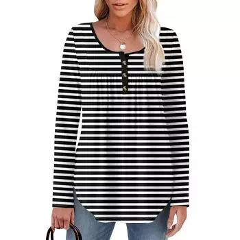 Женская туника с длинным рукавом, свободные топы, повседневные топы оверсайз, плиссированная туника, застегивающаяся на пуговицы, повседневные женские топы с принтом L чёрный