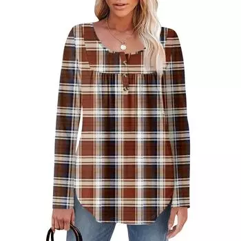 Женская туника с длинным рукавом, свободные топы, повседневные топы оверсайз, плиссированная туника, застегивающаяся на пуговицы, повседневные женские топы с принтом L коричневый