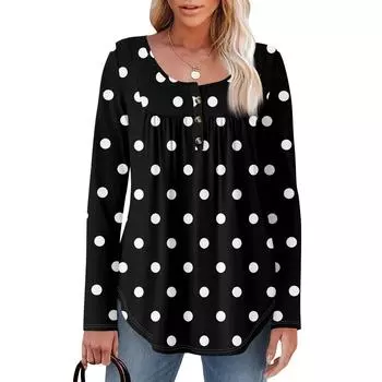 Женская туника с длинным рукавом, свободные топы, повседневные топы оверсайз, плиссированная туника, застегивающаяся на пуговицы, повседневные женские топы с принтом L чёрный