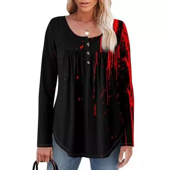 Женская туника с длинным рукавом, свободные топы, повседневные топы оверсайз, плиссированная туника, застегивающаяся на пуговицы, повседневные женские топы с принтом L чёрный
