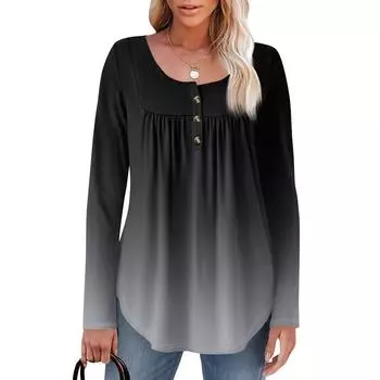 Женская туника с длинным рукавом, свободные топы, повседневные топы оверсайз, плиссированная туника, застегивающаяся на пуговицы, повседневные женские топы с принтом L чёрный