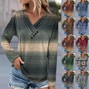 Женская туника с длинными рукавами, свободные топы, повседневные топы большого размера, плиссированная туника на пуговицах, повседневные осенние женские топы с цветочным принтом XXL армия зеленый