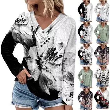 Женская туника с длинными рукавами, свободные топы, повседневные топы большого размера, плиссированная туника на пуговицах, повседневные осенние женские топы с цветочным принтом XXL синий