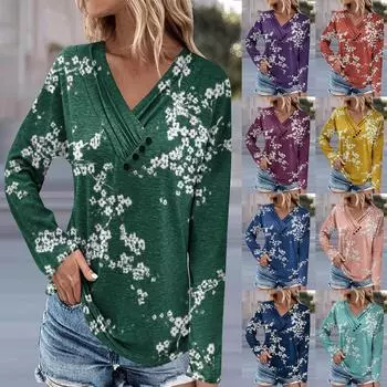 Женская туника с длинными рукавами, свободные топы, повседневные топы большого размера, плиссированная туника на пуговицах, повседневные осенние женские топы с цветочным принтом XXL