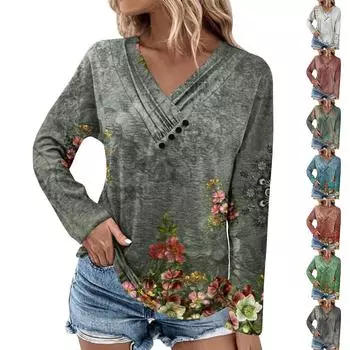 Женская туника с длинными рукавами, свободные топы, повседневные топы большого размера, плиссированная туника на пуговицах, повседневные осенние женские топы с цветочным принтом L армия зеленый