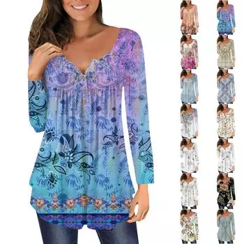 Женская туника с длинными рукавами, свободные топы, повседневные топы больших размеров, плиссированная туника на пуговицах, повседневные летние топы с завязками с принтом для женщин XXL