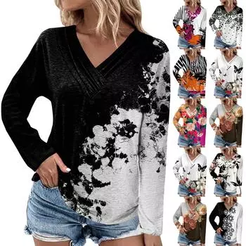 Женская туника с длинными рукавами, свободные топы, повседневные топы большого размера, плиссированная туника на пуговицах, повседневные осенние женские топы с цветочным принтом L