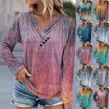 Женская туника с длинными рукавами, свободные топы, повседневные топы большого размера, плиссированная туника на пуговицах, повседневные осенние женские топы с цветочным принтом L