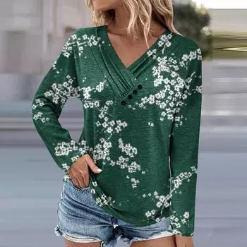 Женская туника с длинными рукавами, свободные топы, повседневные топы большого размера, плиссированная туника на пуговицах, повседневные осенние женские топы с цветочным принтом M темно-фиолетового