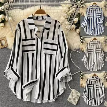 Женская туника с карманами в полоску, футболка, блузка, осенняя мешковатая рубашка с длинными рукавами, топы